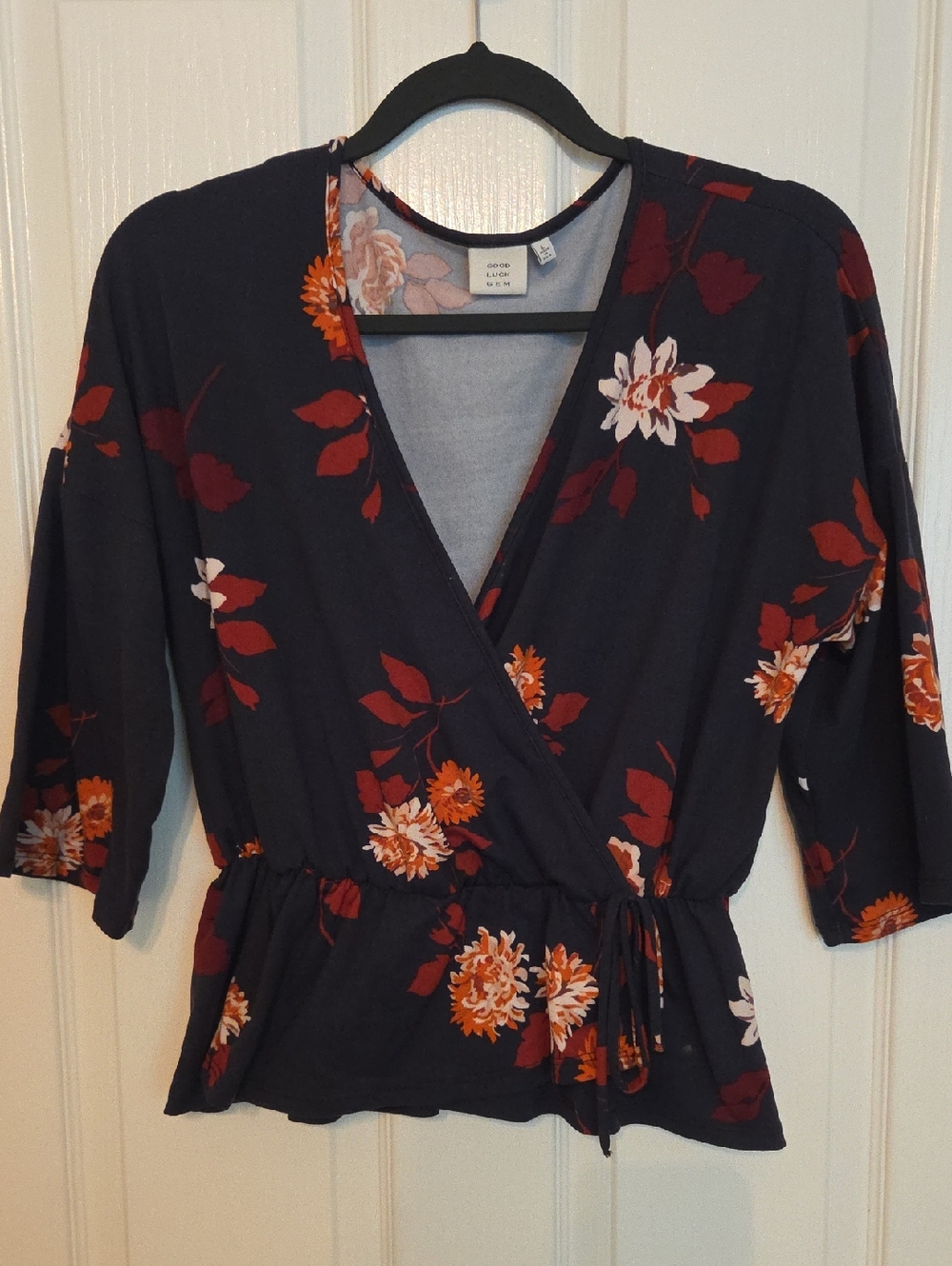 Floral Wrap Peplum Top - Navy with Rust & Cream Flowers